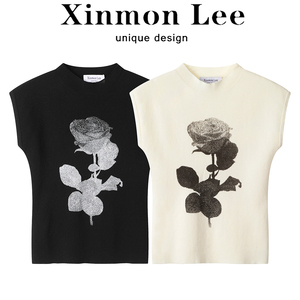 XinmonLee设计感玫瑰花坎肩短袖修身T恤夏季女显瘦复古针织上衣
