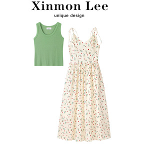 XinmonLee法式甜美碎花吊带连衣裙短款绿色修身背心女两件套装夏