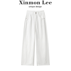 XinmonLee气质高腰显瘦阔腿牛仔裤春夏季女休闲百搭垂感白色长裤