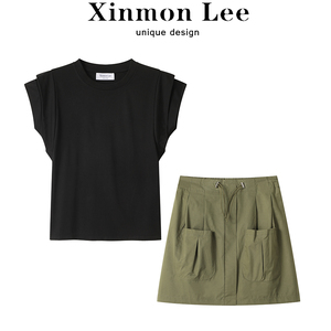 XinmonLee盐系轻熟休闲时尚短袖T恤工装半身裙两件套装女夏季减龄
