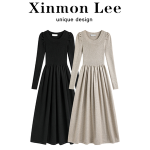 XinmonLee高级感长袖针织打底女士连衣裙秋冬季高腰显瘦内搭长裙