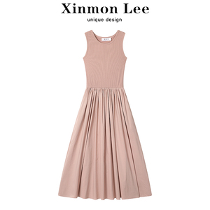 XinmonLee粉色背心打底吊带连衣裙女针织拼接收腰内搭配外套裙子