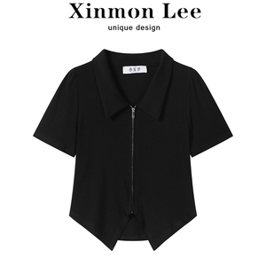 XinmonLee黑色正肩polo领短袖t恤夏季女不规则设计感显瘦短款上衣
