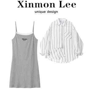 XinmonLee高级感蕾丝拼接吊带连衣裙条纹衬衫外套女两件套装夏季