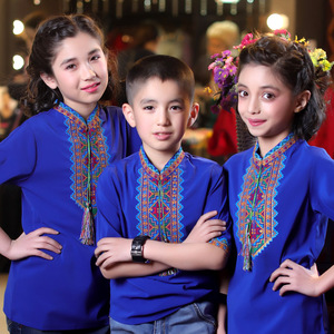 女童雪纺衬衣2022绣花衬衫立领男童短袖上衣新疆民族风童装kanway