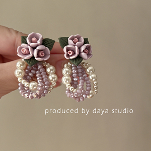 玫瑰粉末 纯欲感法式复古陶瓷花朵珍珠串珠耳环 高级感仙气质耳钉