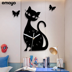 创意儿童房装饰可爱小猫钟表墙上免打孔客厅卡通时钟女孩静音挂钟