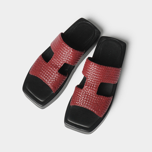 we love superr原创设计红色编织绑带撞色工字厚底凉鞋拖鞋女夏季