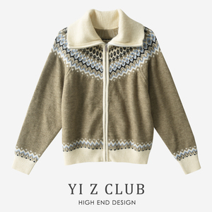 Yi Z CLUB 北欧风复古几何条纹提花宽松针织毛衣开衫秋冬女装0.49