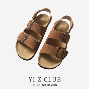 Yi Z CLUB 复古风磨砂反绒牛皮搭扣带露趾沙滩凉鞋春夏女鞋子0.82