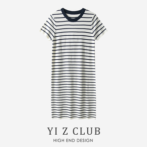 Yi Z CLUB 欧美风金属字母装饰针织短袖条纹连衣裙子春夏女装0.37