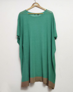 玛丝家80%亚麻绿色拼卡其色针织短袖连衣裙宽松版加肥加大码夏季