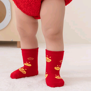 初生婴儿袜子红色满月周岁百天新年袜春秋纯棉新生宝宝冬季中筒袜