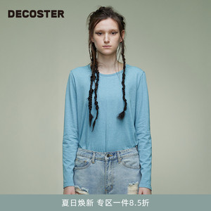 DECOSTER/德诗春季新款品牌女装时尚浅蓝纯棉圆领长袖T恤上衣