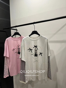 【现货】2024夏 时尚圆领蝴蝶结猫咪袖子网纱拼接假两件T恤F950