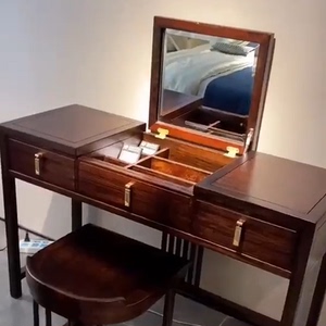 梳妆台乌金木新中式白蜡木可折叠收缩化妆桌一体带镜子可当小书桌