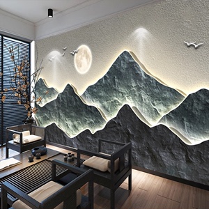 3d立体新中式茶室酒店办公室餐厅饭店包厢背景墙装饰墙纸壁纸墙布