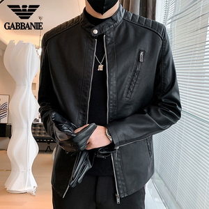 GABBANIE品牌立领皮夹克男韩版修身秋季高端潮牌仿真皮机车服外套