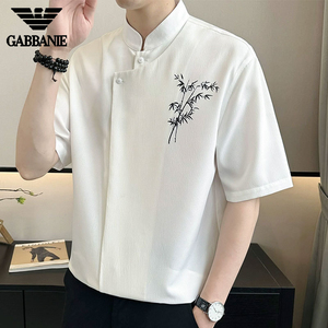 GABBANIE无痕暗扣短袖衬衫男夏季2024薄款国潮新中式白色立领衬衣