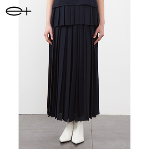 一嘉 e＋夏季新款品牌女装时尚显瘦百搭藏青色百褶半身裙