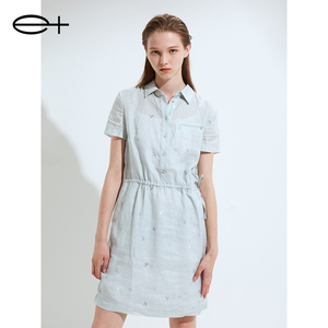 一嘉 e＋夏季新款品牌女装浅绿色时尚修身印花衬衫式连衣裙