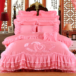 婚庆四件套大红色纯棉结婚床上用品全棉韩版蕾丝六八九十件套床品