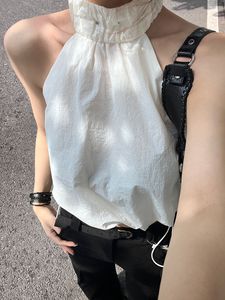 美式辣妹白色挂脖吊带女夏季露肩短款修身设计感小众无袖背心上衣