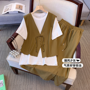 大码胖mm夏装套装搭配一整套遮肚炸街休闲时尚新中式国风三件套裙
