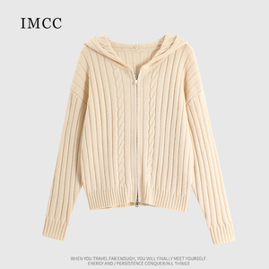 IMCC设计感小众麻花竖条纹双拉链针织连帽开衫女宽松短款毛衣上衣