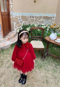时尚娃娃女童连衣裙秋冬款过年加绒红色年服礼服蓬蓬裙公主裙纱裙