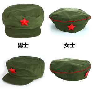 老式65式帽子军绿色红卫兵帽子的确良解放帽男女老帽子（送五星）
