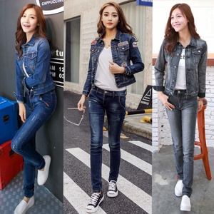 2019春秋牛仔套装女韩版修身显瘦短款大码外套上衣服学生潮流全套