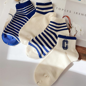 春夏女士短袜子克莱因蓝色条纹日系学院海军风船运动中低筒精梳棉