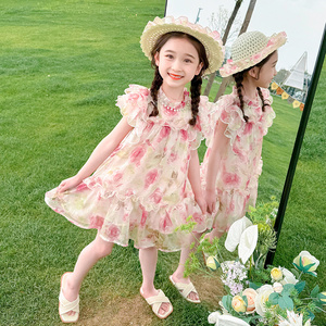 夏季花色短袖半高领蛋糕裙女童中小童雪纺薄款度假风沙滩裙连衣裙