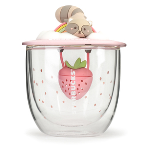 星巴克夏季新款草莓浣熊双层玻璃带盖可爱卡通牛奶小熊吸管礼物杯