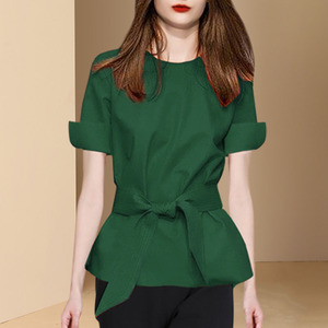 欧美2024夏季新款设计感短袖圆领收腰衬衫女法式小众别致绿色上衣
