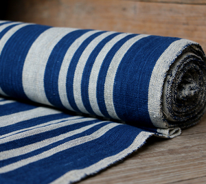 倚山人|手工传统蓝染indigo纯棉土布粗布色织蓝白条纹围巾披肩布
