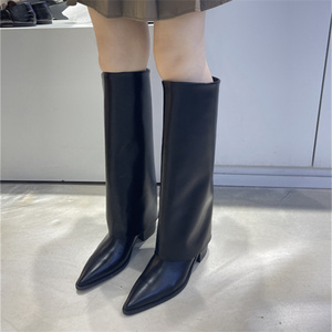 韩国东大门长筒女靴子24春季新款尖头粗高跟黑色时尚套筒裤管靴子