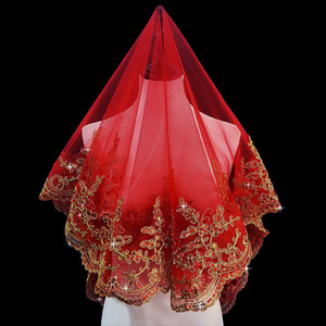 新娘结婚头纱凤冠霞披盖头结婚礼服中式复古秀禾服半透明红色盖头