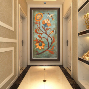 纯手绘油画美式入户玄关装饰画简美竖版壁画现代简约走廊过道挂画