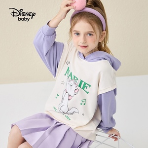 迪士尼童装女童假两件连帽卫衣2024春季装新款儿童休闲上衣外套