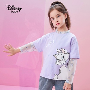 迪士尼童装女童2024春夏季新款儿童假两件长袖T恤打底衫纱袖公主