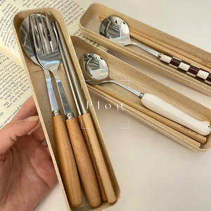 ins木质勺子筷子叉子餐具套装便携收纳盒儿童不锈钢三件套高颜值