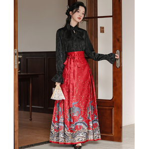 新中式国风少女红色马面裙2024春季新款黑色衬衫两件套裙子汉元素