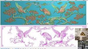 檀雕松鹤延年沙发靠背屏风仙鹤精雕图jdp浮雕图灰度图木雕图石雕