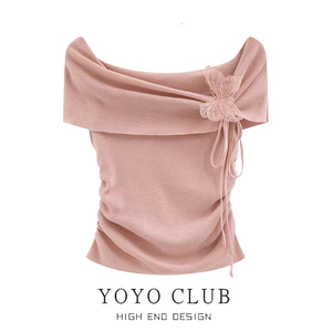 YOYO CLUB品牌折扣冰丝针织衫女夏季蝴蝶结一字肩上衣气质短款t恤