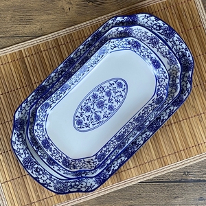 长方形鱼盘家用陶瓷盘子复古釉下彩青花瓷炒菜盘餐厅用餐具大碟子