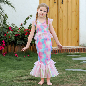 儿童美人鱼公主裙套装两件套女童彩虹色小飞袖分体人鱼尾巴裙子