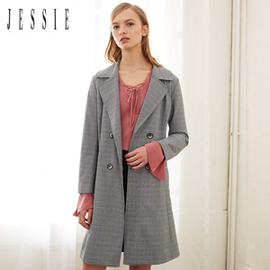 【狂欢价】JESSIE杰西风衣女中长款春季年复古格子外套JG