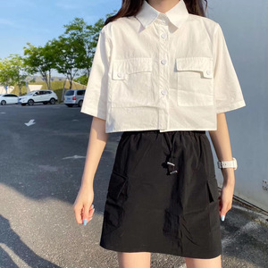 日系jk衬衫短款白色工装口袋衬衫女学院风小众设计感polo领上衣夏